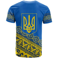 Ukraine Heritage Pride – Vyshyvanka Pattern T Shirt with National Symbol in Blue & Yellow