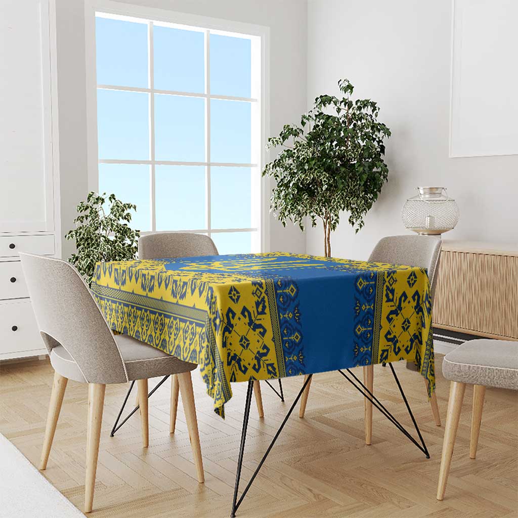 Ukraine Heritage Pride – Vyshyvanka Pattern Tablecloth with National Symbol in Blue & Yellow