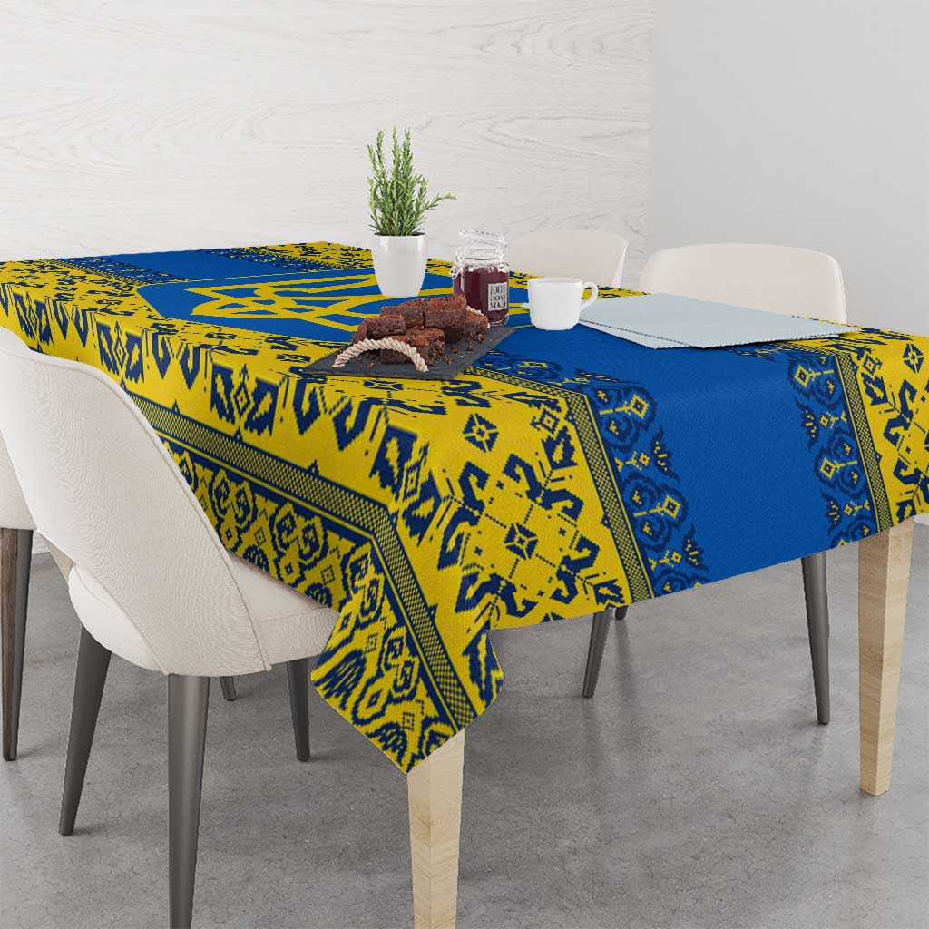 Ukraine Heritage Pride – Vyshyvanka Pattern Tablecloth with National Symbol in Blue & Yellow