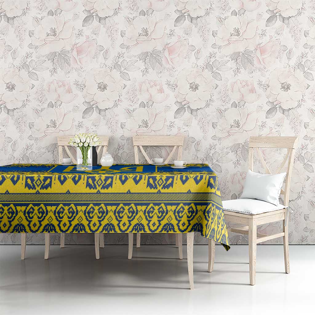 Ukraine Heritage Pride – Vyshyvanka Pattern Tablecloth with National Symbol in Blue & Yellow