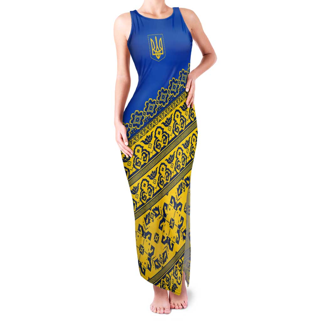 Ukraine Heritage Pride – Vyshyvanka Pattern Tank Maxi Dress with National Symbol in Blue & Yellow