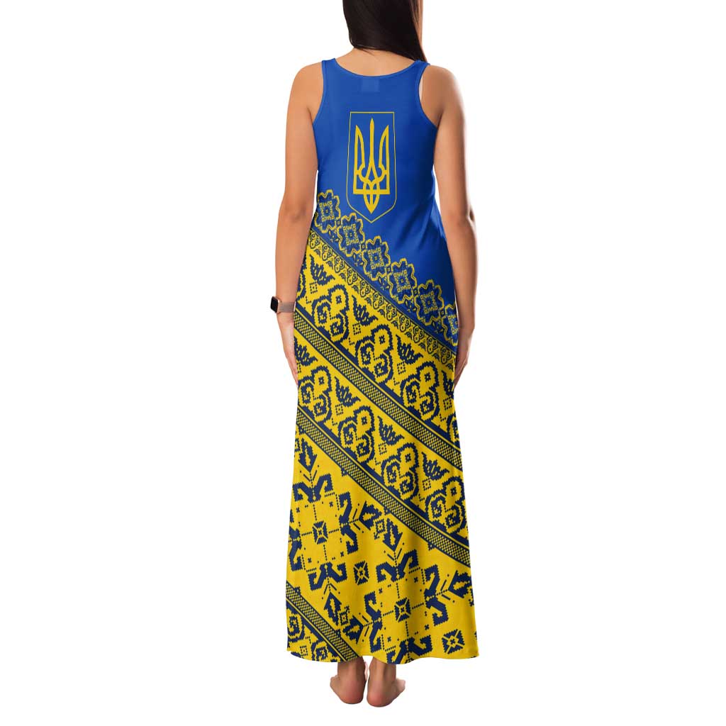 Ukraine Heritage Pride – Vyshyvanka Pattern Tank Maxi Dress with National Symbol in Blue & Yellow