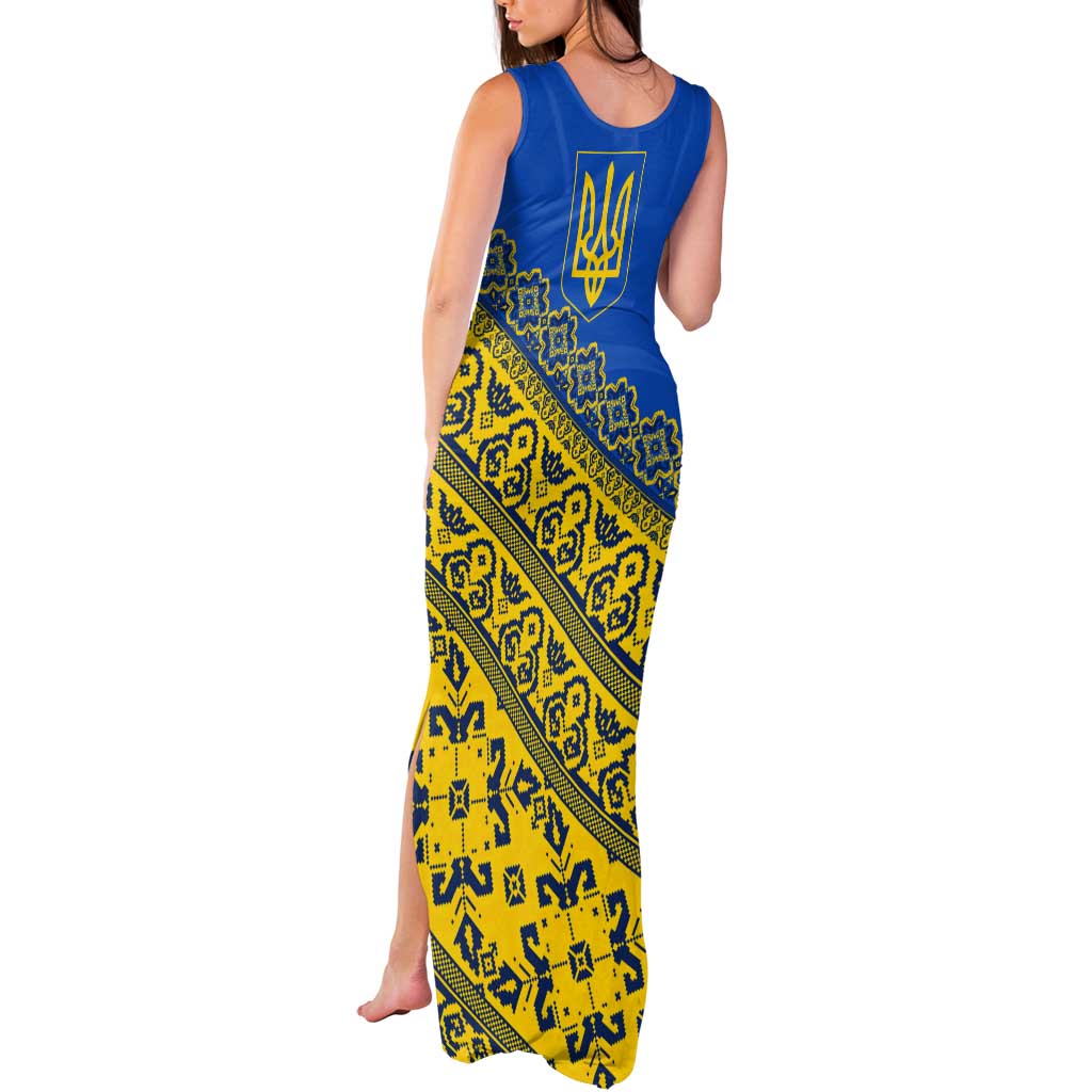 Ukraine Heritage Pride – Vyshyvanka Pattern Tank Maxi Dress with National Symbol in Blue & Yellow