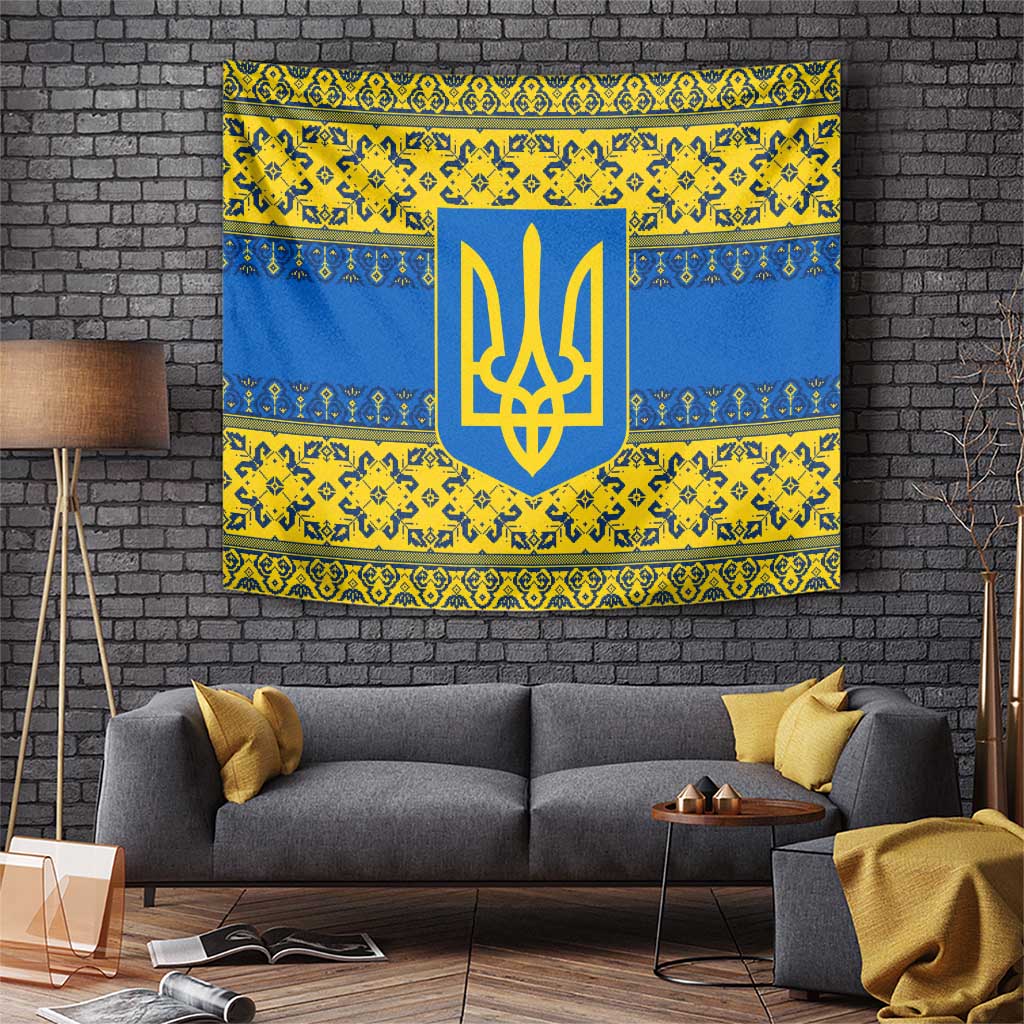 Ukraine Heritage Pride – Vyshyvanka Pattern Tapestry with National Symbol in Blue & Yellow