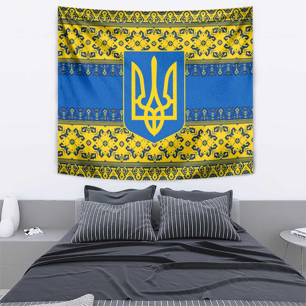 Ukraine Heritage Pride – Vyshyvanka Pattern Tapestry with National Symbol in Blue & Yellow