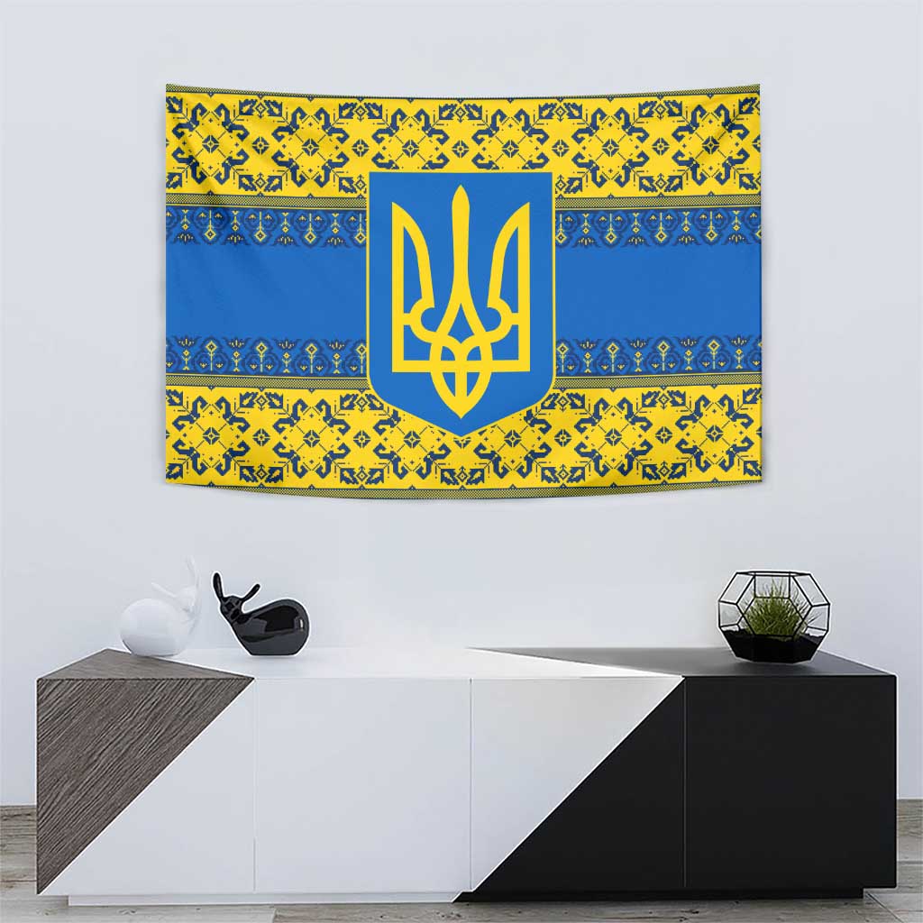 Ukraine Heritage Pride – Vyshyvanka Pattern Tapestry with National Symbol in Blue & Yellow