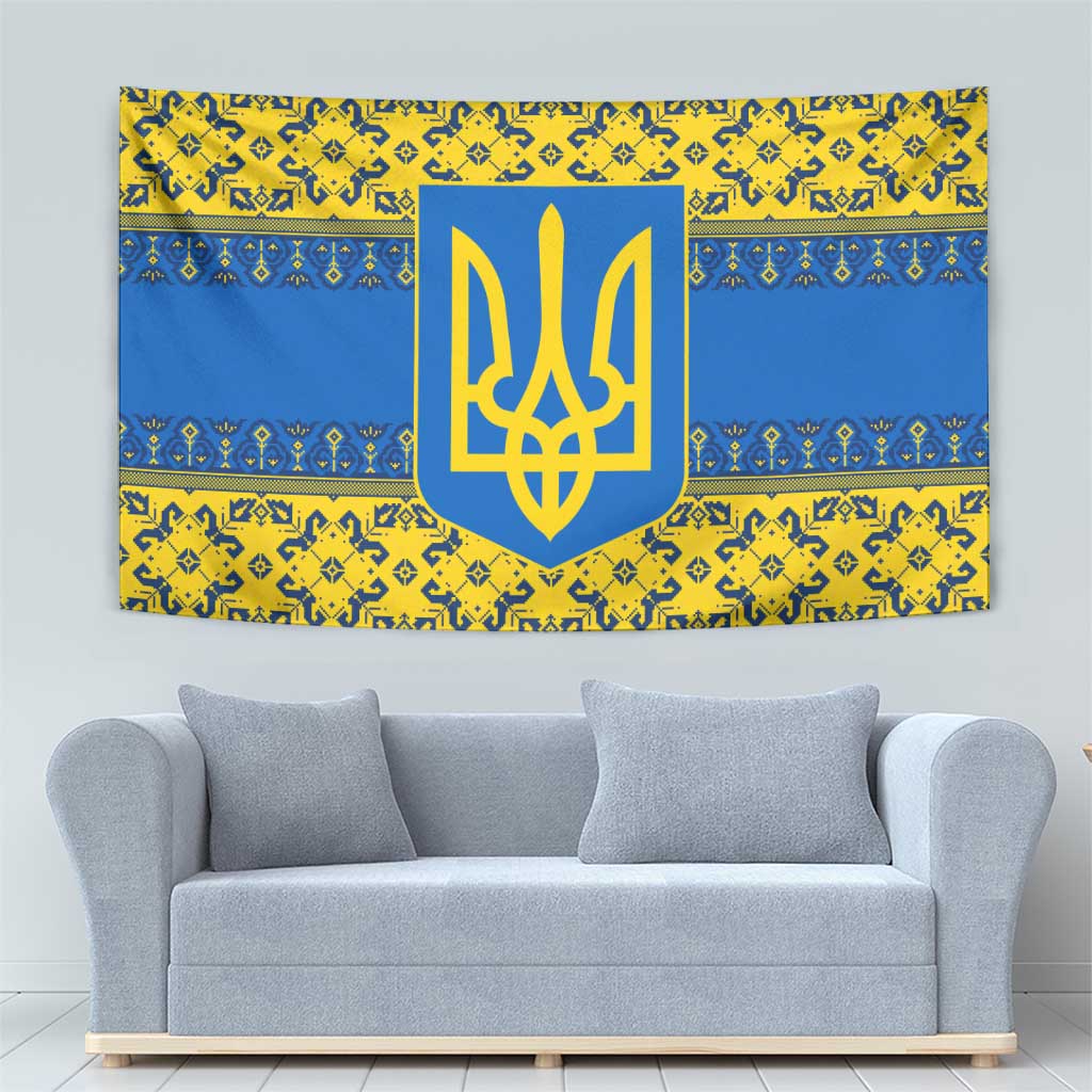Ukraine Heritage Pride – Vyshyvanka Pattern Tapestry with National Symbol in Blue & Yellow