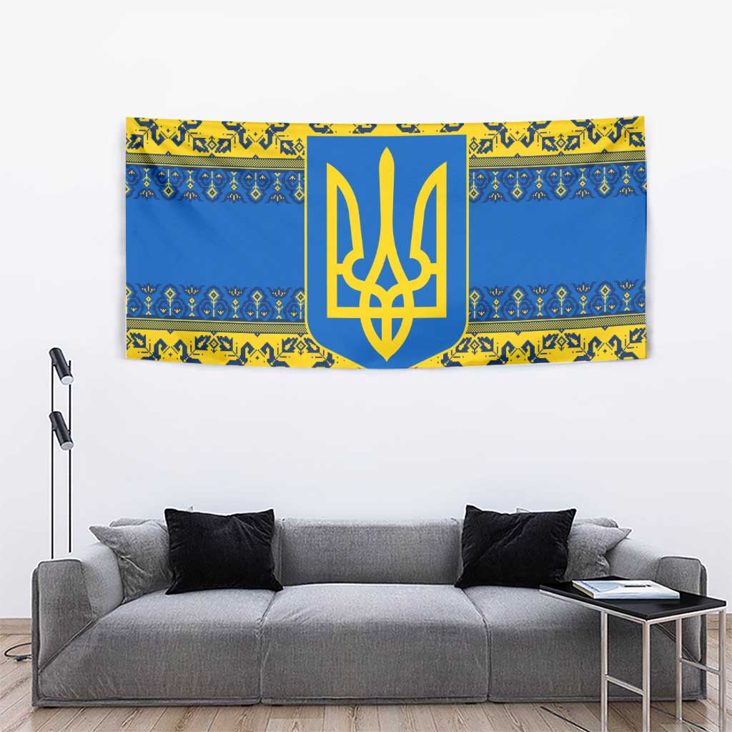 Ukraine Heritage Pride – Vyshyvanka Pattern Tapestry with National Symbol in Blue & Yellow