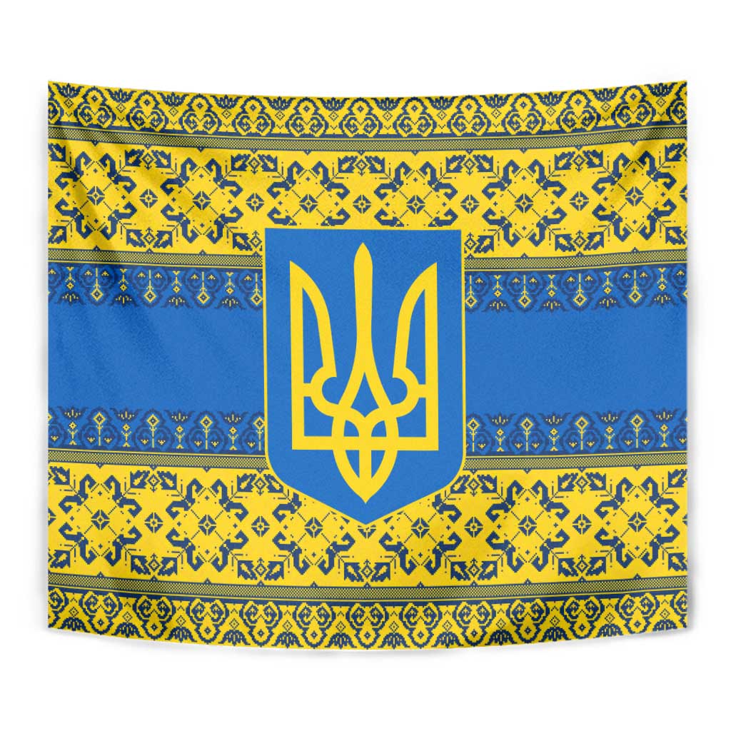 Ukraine Heritage Pride – Vyshyvanka Pattern Tapestry with National Symbol in Blue & Yellow