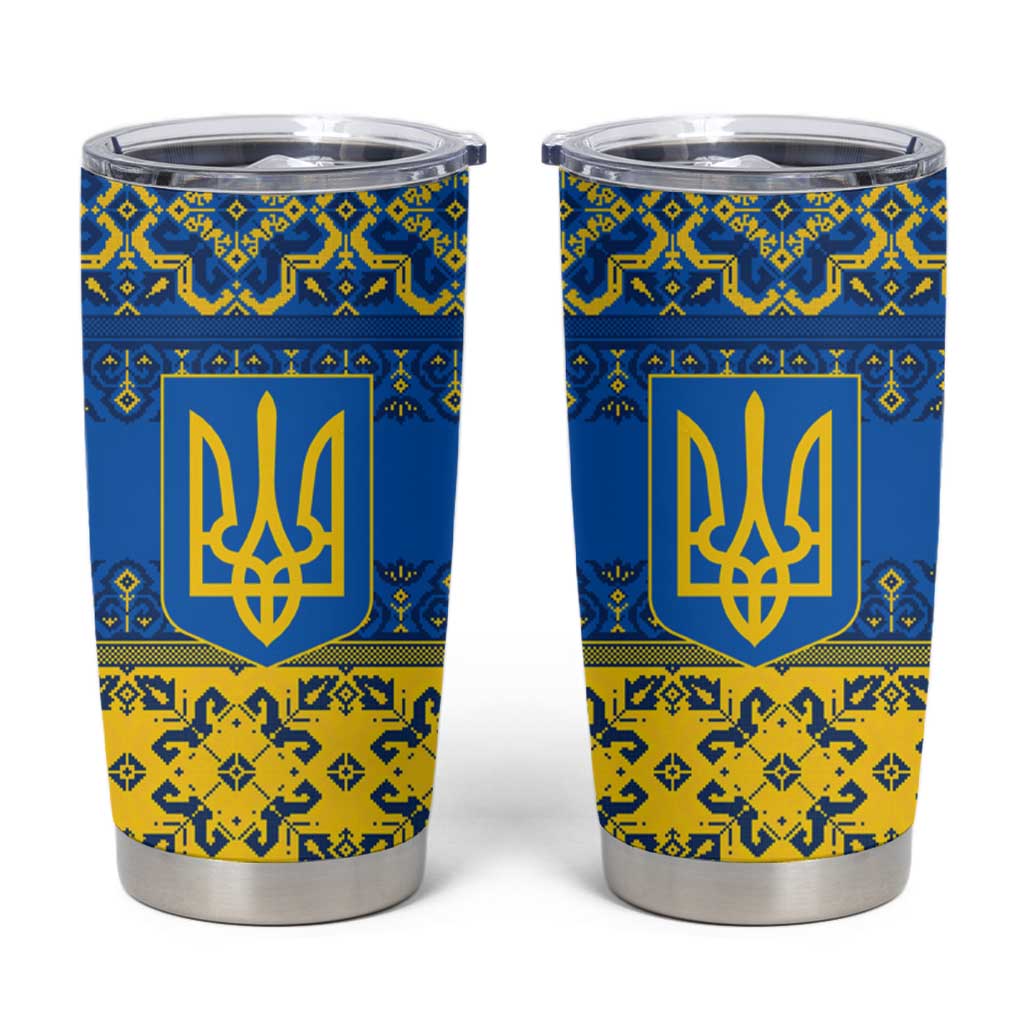 Ukraine Heritage Pride – Vyshyvanka Pattern Tumbler Cup with National Symbol in Blue & Yellow