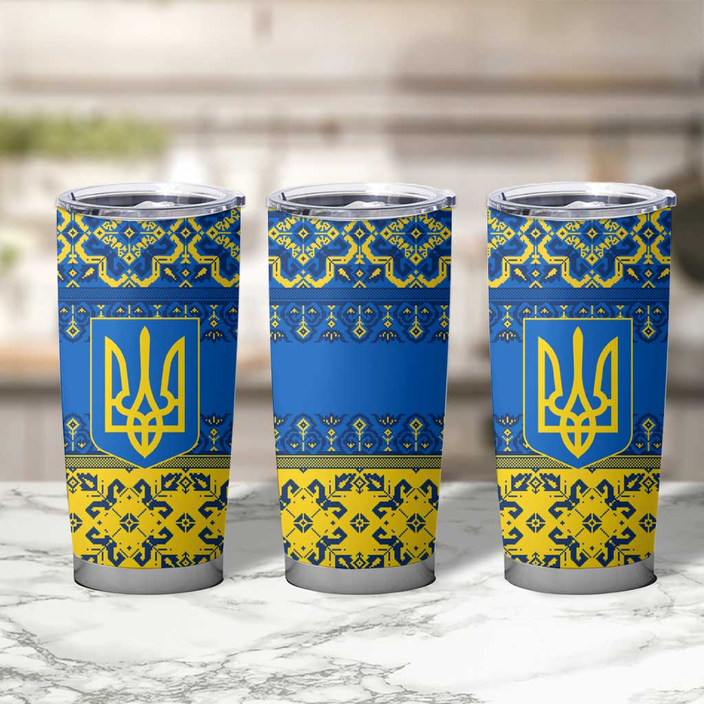 Ukraine Heritage Pride – Vyshyvanka Pattern Tumbler Cup with National Symbol in Blue & Yellow