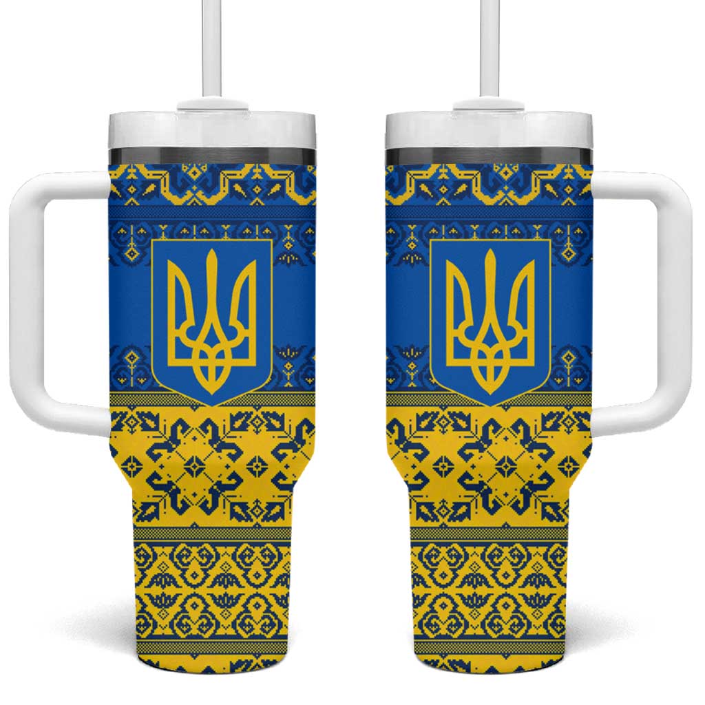 Ukraine Heritage Pride – Vyshyvanka Pattern Tumbler With Handle with National Symbol in Blue & Yellow