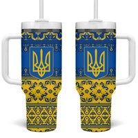 Ukraine Heritage Pride – Vyshyvanka Pattern Tumbler With Handle with National Symbol in Blue & Yellow