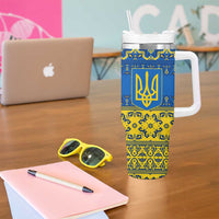 Ukraine Heritage Pride – Vyshyvanka Pattern Tumbler With Handle with National Symbol in Blue & Yellow
