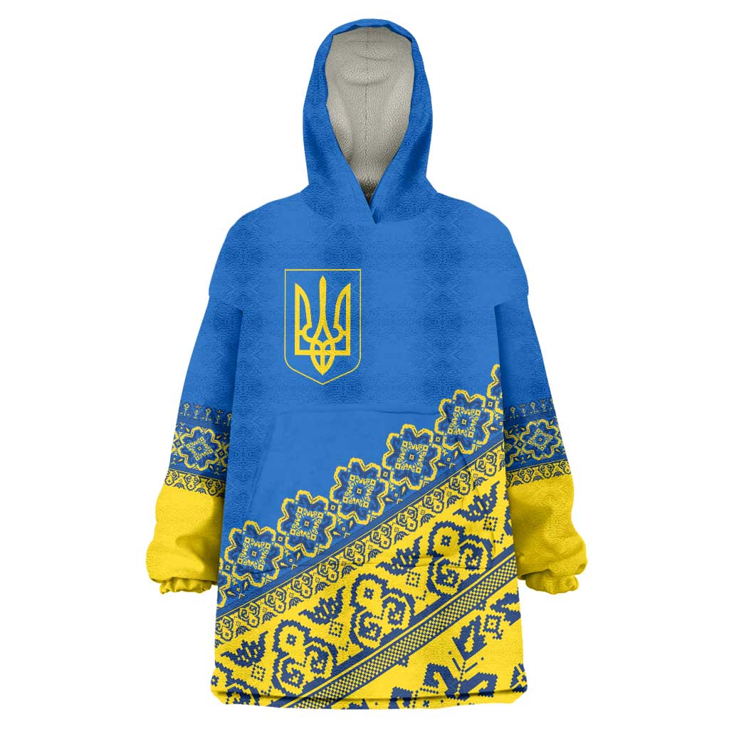 Ukraine Heritage Pride – Vyshyvanka Pattern Wearable Blanket Hoodie with National Symbol in Blue & Yellow