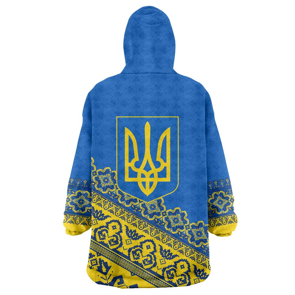 Ukraine Heritage Pride – Vyshyvanka Pattern Wearable Blanket Hoodie with National Symbol in Blue & Yellow