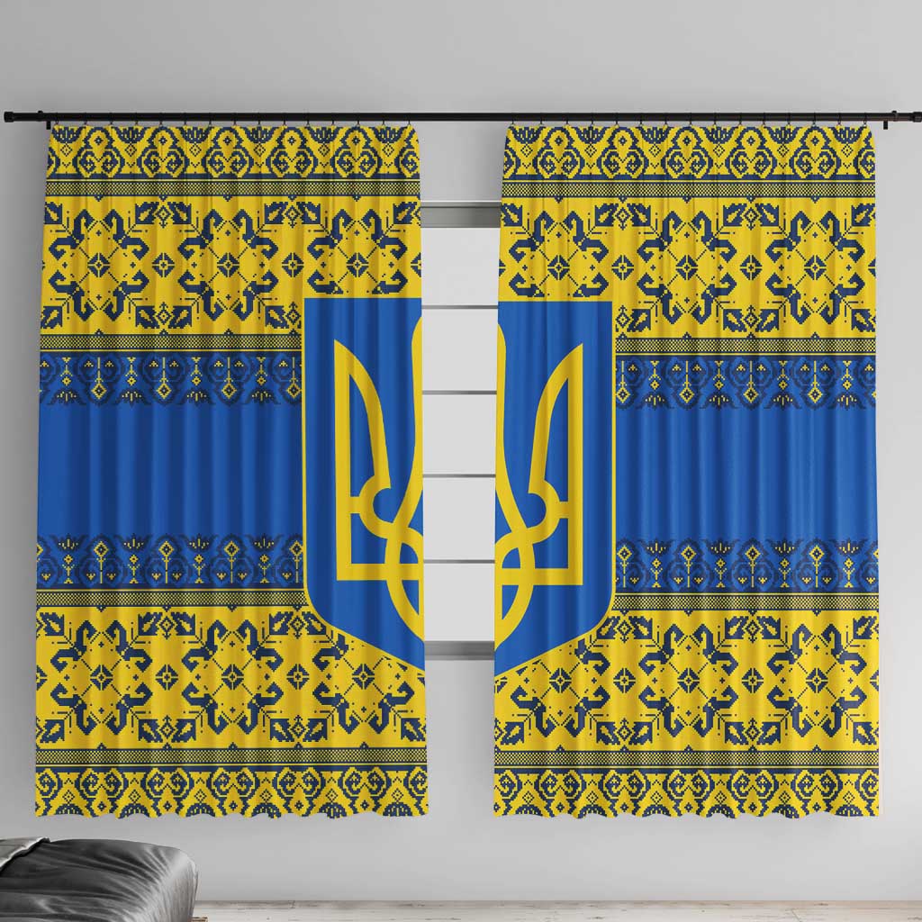 Ukraine Heritage Pride – Vyshyvanka Pattern Window Curtain with National Symbol in Blue & Yellow