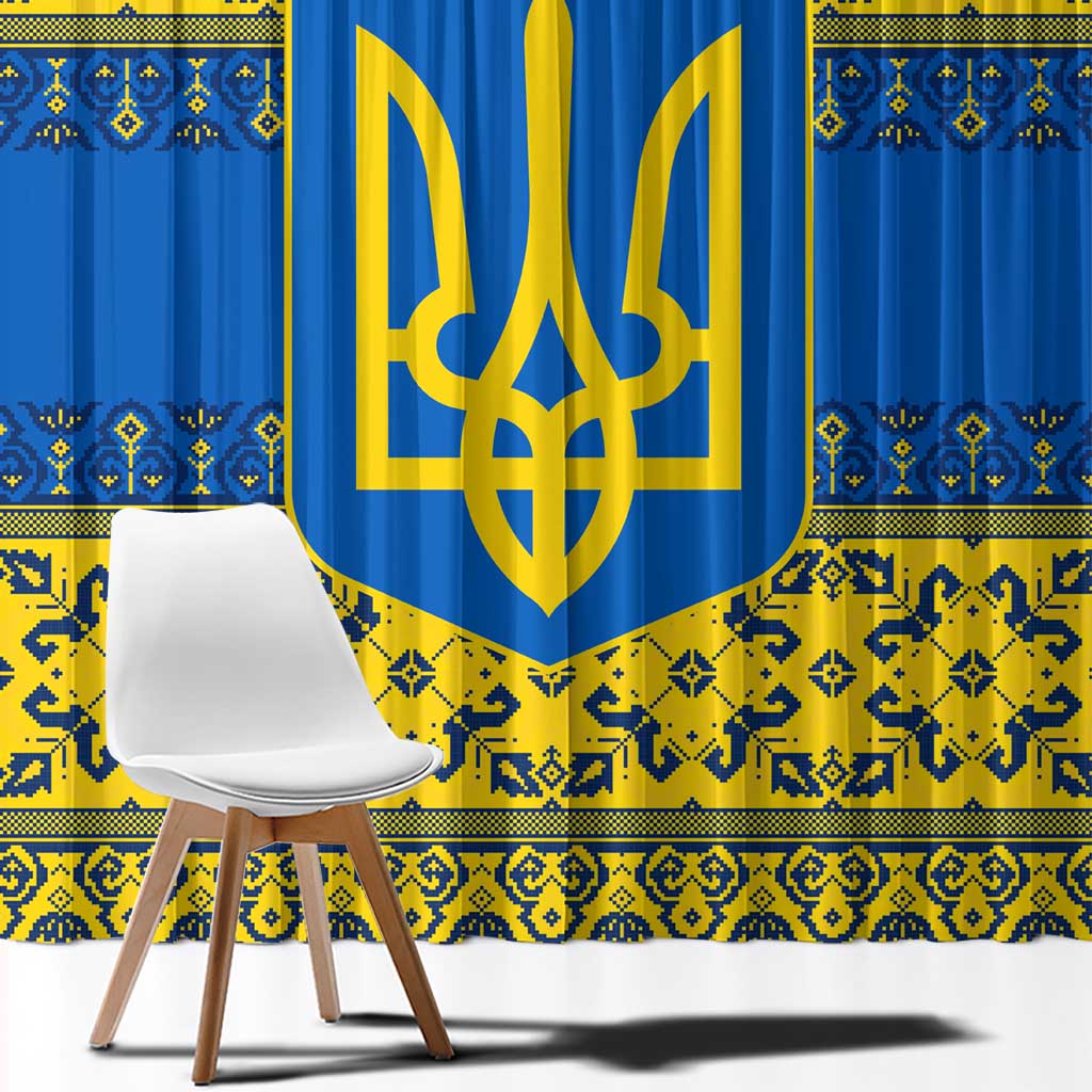 Ukraine Heritage Pride – Vyshyvanka Pattern Window Curtain with National Symbol in Blue & Yellow