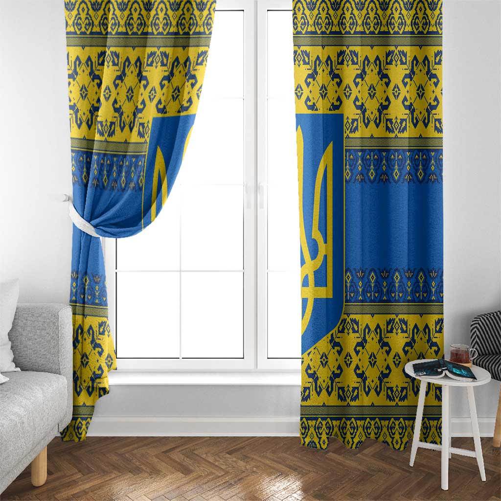 Ukraine Heritage Pride – Vyshyvanka Pattern Window Curtain with National Symbol in Blue & Yellow