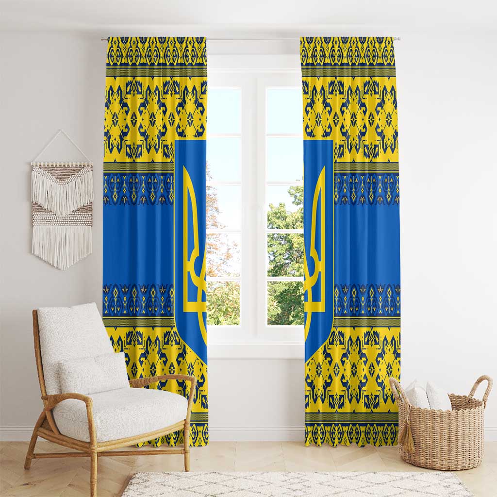 Ukraine Heritage Pride – Vyshyvanka Pattern Window Curtain with National Symbol in Blue & Yellow