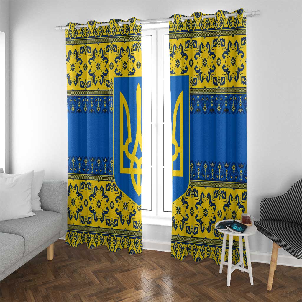 Ukraine Heritage Pride – Vyshyvanka Pattern Window Curtain with National Symbol in Blue & Yellow