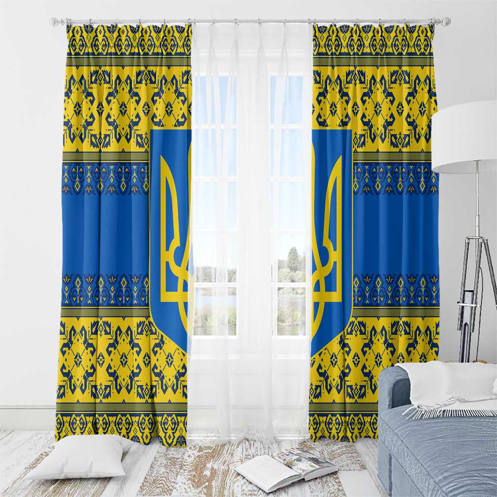 Ukraine Heritage Pride – Vyshyvanka Pattern Window Curtain with National Symbol in Blue & Yellow