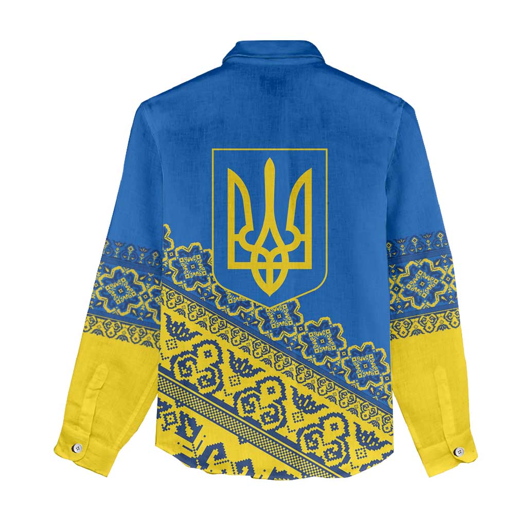 Ukraine Heritage Pride – Vyshyvanka Pattern Women Casual Shirt with National Symbol in Blue & Yellow