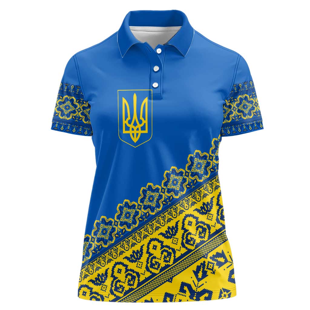 Ukraine Heritage Pride – Vyshyvanka Pattern Women Polo Shirt with National Symbol in Blue & Yellow