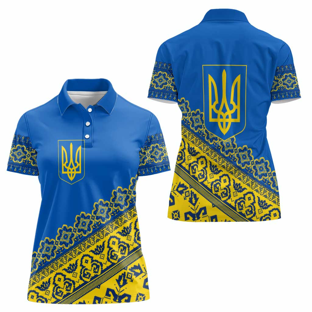 Ukraine Heritage Pride – Vyshyvanka Pattern Women Polo Shirt with National Symbol in Blue & Yellow