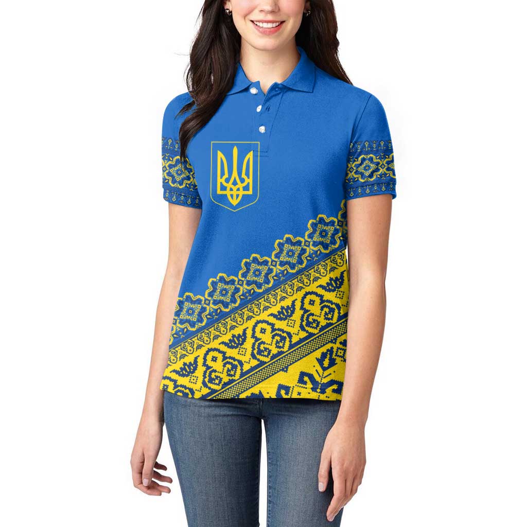 Ukraine Heritage Pride – Vyshyvanka Pattern Women Polo Shirt with National Symbol in Blue & Yellow