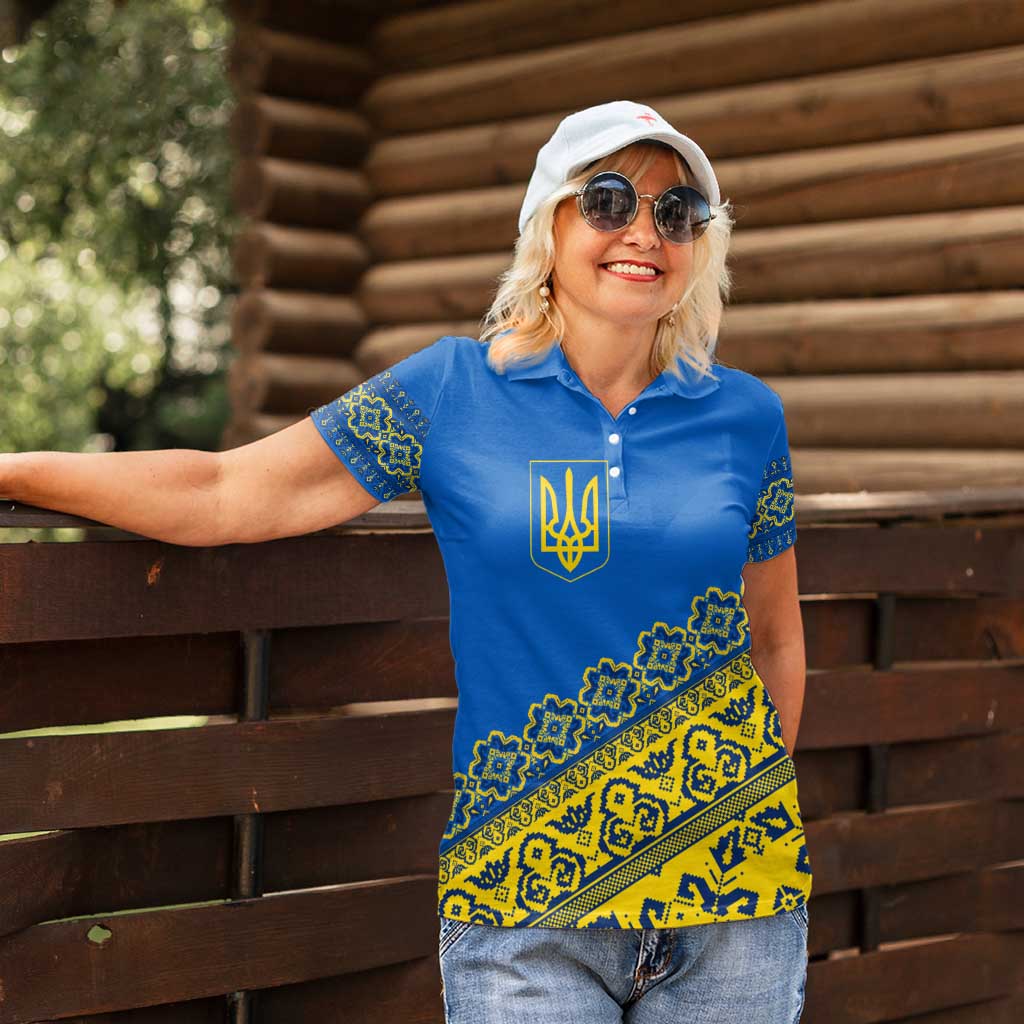 Ukraine Heritage Pride – Vyshyvanka Pattern Women Polo Shirt with National Symbol in Blue & Yellow