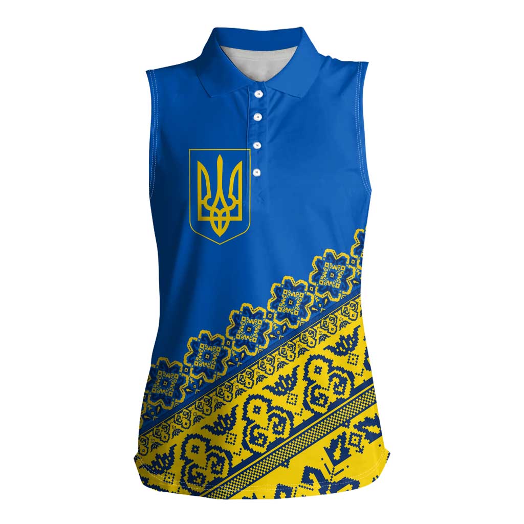 Ukraine Heritage Pride – Vyshyvanka Pattern Women Sleeveless Polo Shirt with National Symbol in Blue & Yellow