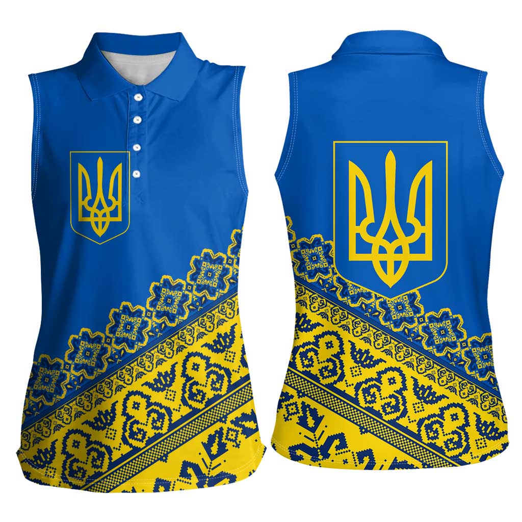 Ukraine Heritage Pride – Vyshyvanka Pattern Women Sleeveless Polo Shirt with National Symbol in Blue & Yellow