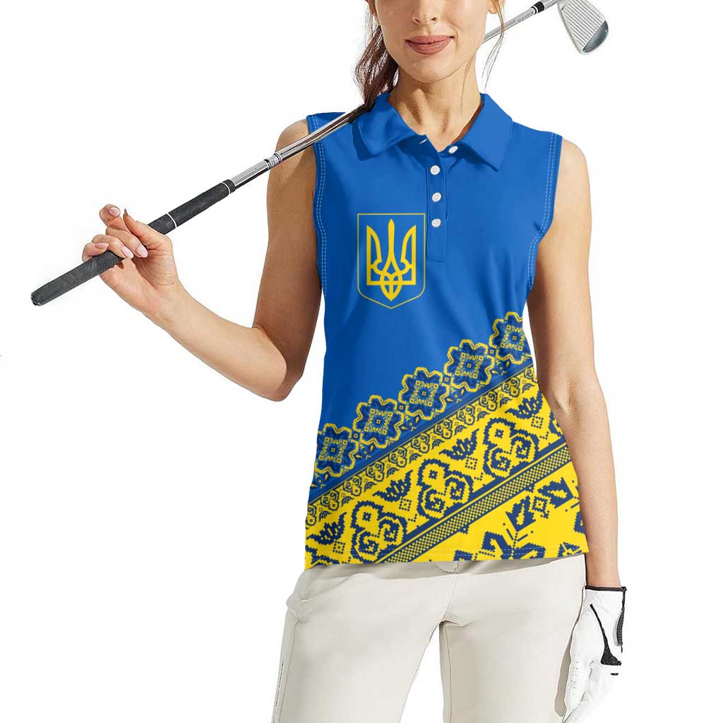 Ukraine Heritage Pride – Vyshyvanka Pattern Women Sleeveless Polo Shirt with National Symbol in Blue & Yellow