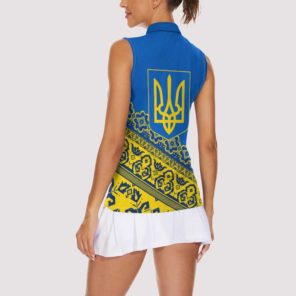 Ukraine Heritage Pride – Vyshyvanka Pattern Women Sleeveless Polo Shirt with National Symbol in Blue & Yellow