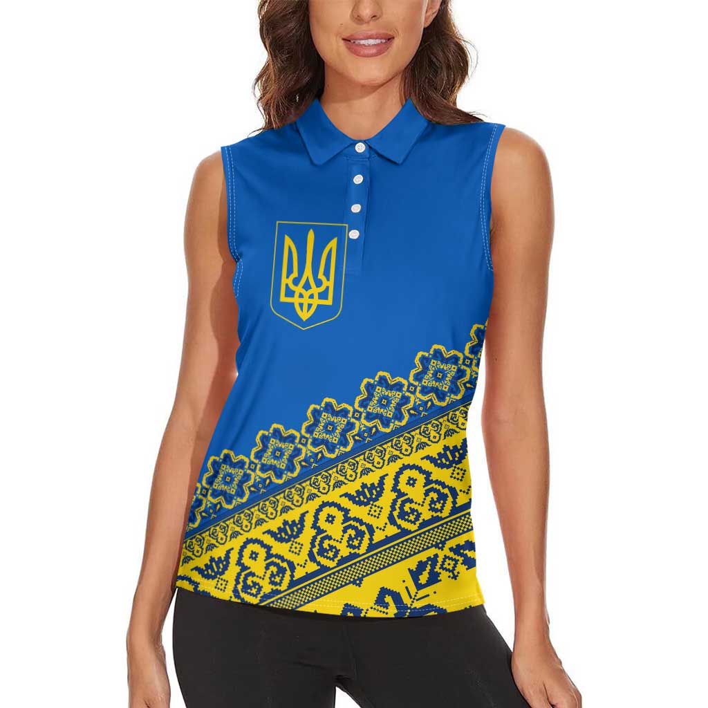 Ukraine Heritage Pride – Vyshyvanka Pattern Women Sleeveless Polo Shirt with National Symbol in Blue & Yellow