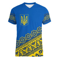 Ukraine Heritage Pride – Vyshyvanka Pattern Women V-Neck T-Shirt with National Symbol in Blue & Yellow
