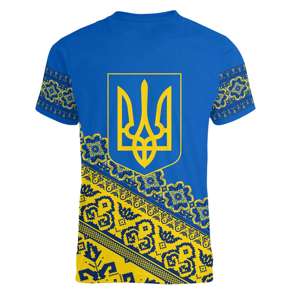 Ukraine Heritage Pride – Vyshyvanka Pattern Women V-Neck T-Shirt with National Symbol in Blue & Yellow