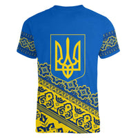 Ukraine Heritage Pride – Vyshyvanka Pattern Women V-Neck T-Shirt with National Symbol in Blue & Yellow
