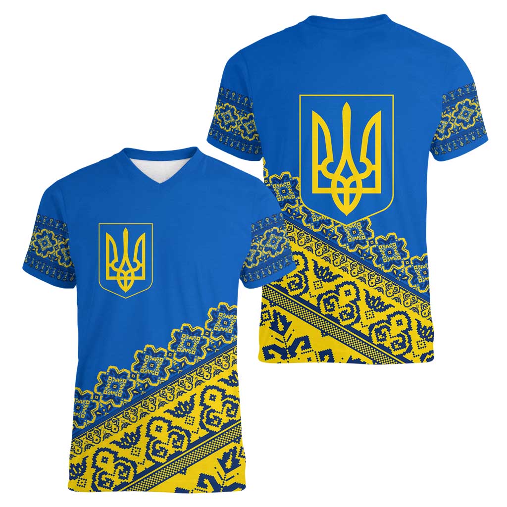 Ukraine Heritage Pride – Vyshyvanka Pattern Women V-Neck T-Shirt with National Symbol in Blue & Yellow