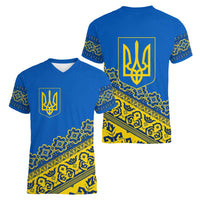 Ukraine Heritage Pride – Vyshyvanka Pattern Women V-Neck T-Shirt with National Symbol in Blue & Yellow