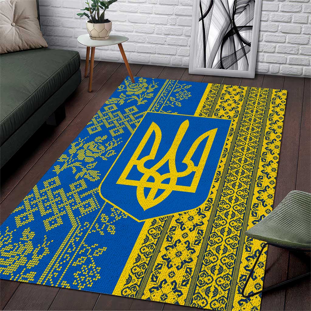 Ukrainian Flag Colors Area Rug with Trident Crest and Traditional Folk Pattern