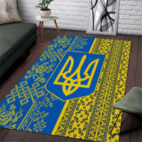 Ukrainian Flag Colors Area Rug with Trident Crest and Traditional Folk Pattern