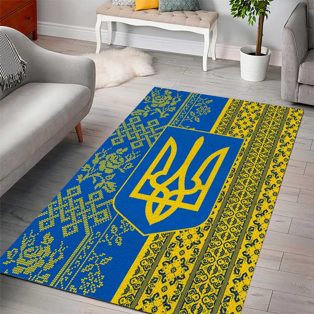 Ukrainian Flag Colors Area Rug with Trident Crest and Traditional Folk Pattern