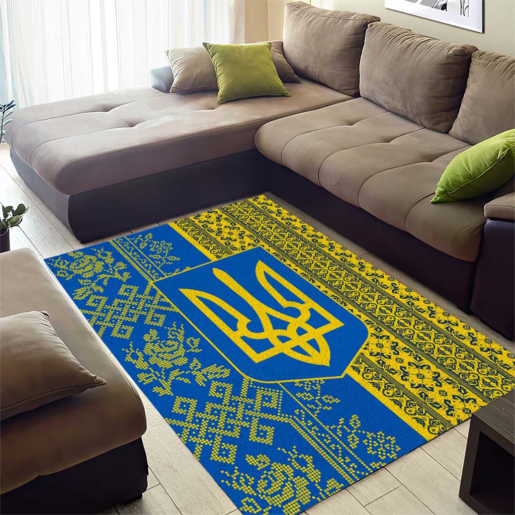 Ukrainian Flag Colors Area Rug with Trident Crest and Traditional Folk Pattern