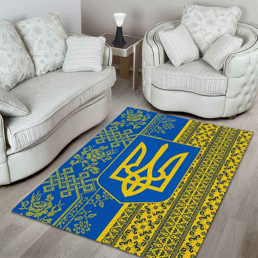 Ukrainian Flag Colors Area Rug with Trident Crest and Traditional Folk Pattern