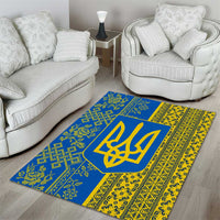 Ukrainian Flag Colors Area Rug with Trident Crest and Traditional Folk Pattern