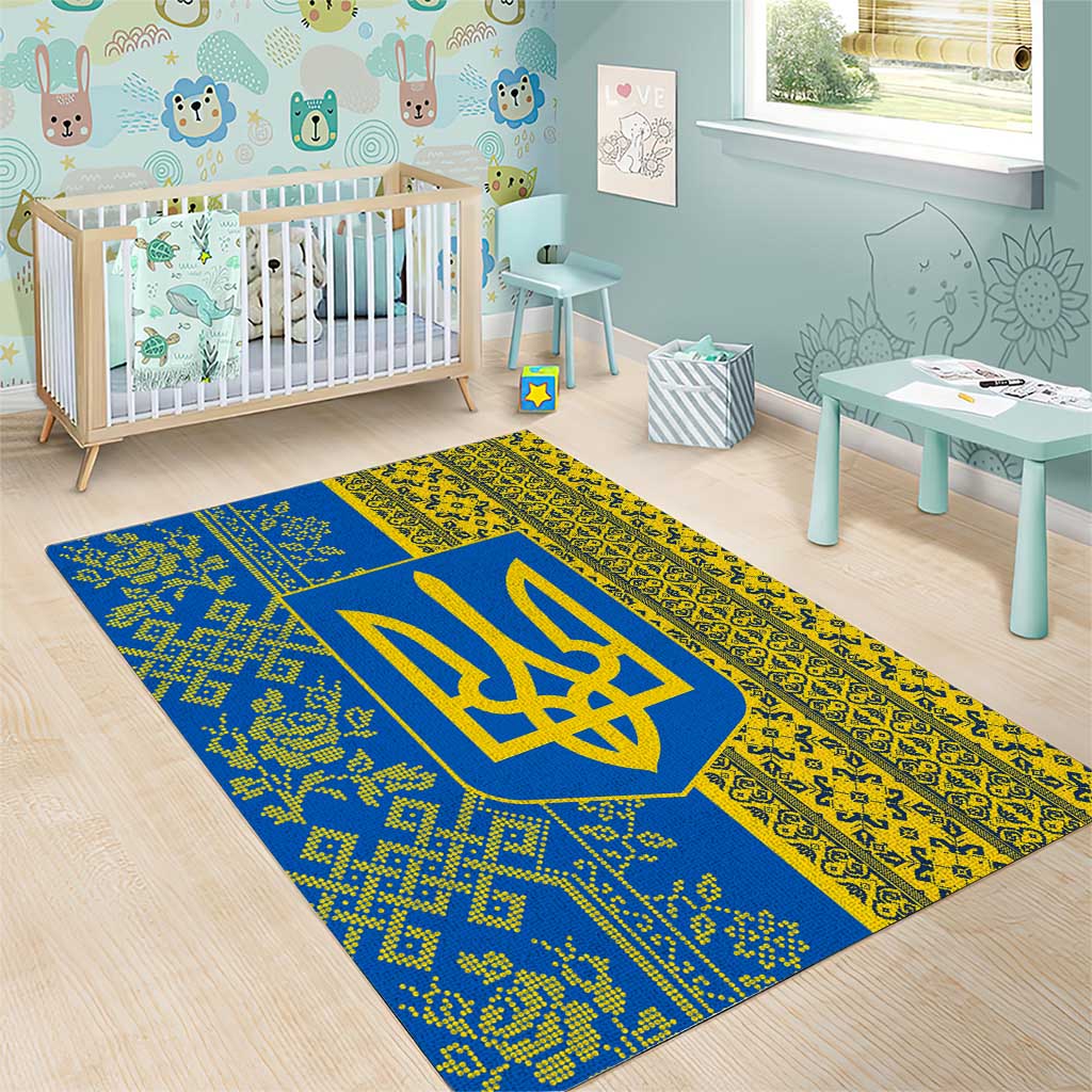 Ukrainian Flag Colors Area Rug with Trident Crest and Traditional Folk Pattern
