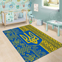 Ukrainian Flag Colors Area Rug with Trident Crest and Traditional Folk Pattern