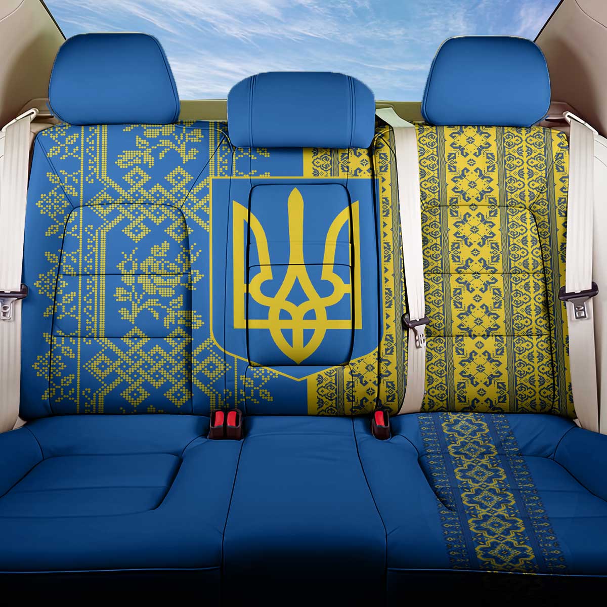 Ukrainian Flag Colors Back Car Seat Cover with Trident Crest and Traditional Folk Pattern